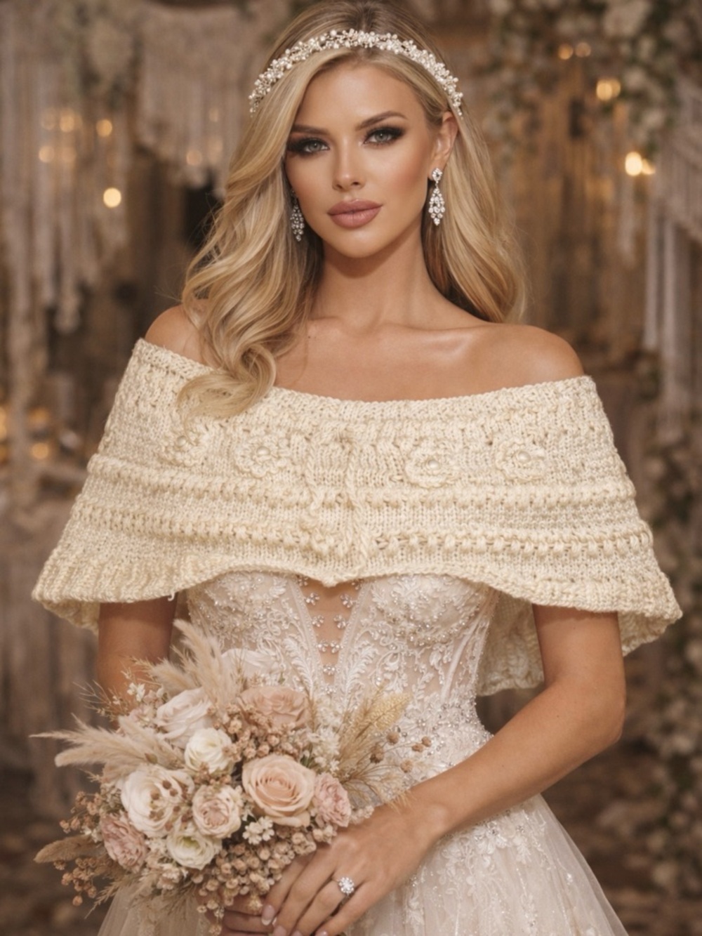 Hand Knits 2 Love Cotton Circular shawl Flowers Beads Adjustable Fit Bride Boho